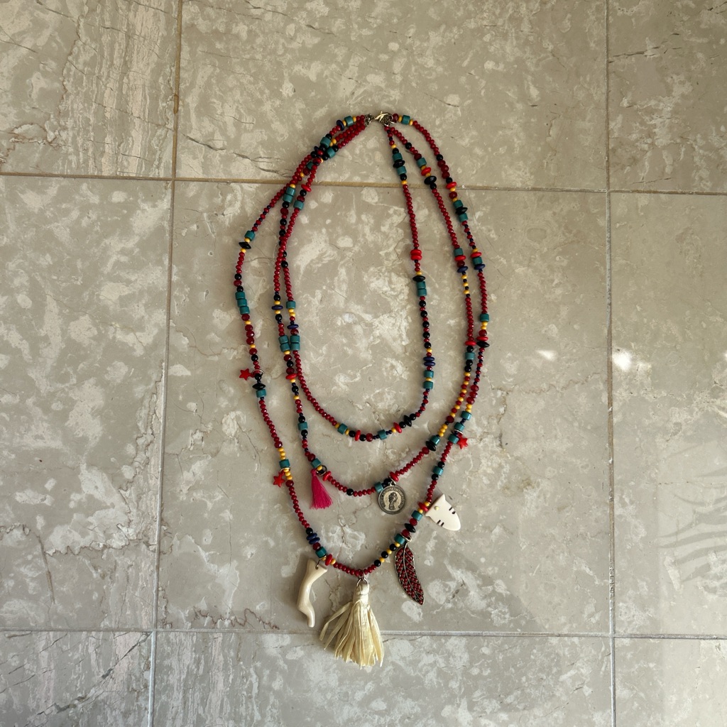 Mango Red And Blue Layered Necklace With Tassel